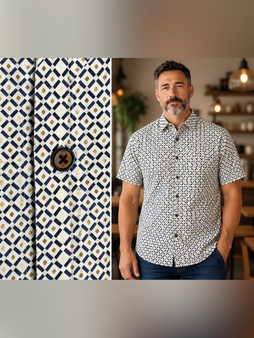 Bugatchi OoohCotton Tech Mens L Chalk Geometric Shirt 8 Way Stretch